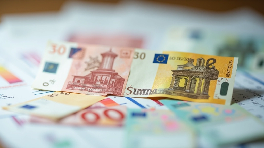 Česká koruna a euro vedle sebe na stole s grafy ekonomických dat