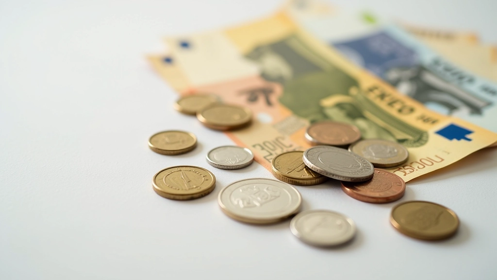 Česká koruna bankovky a mince vedle euromincí, srovnění měn